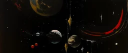 A black outer space with warped planets painted by Clyfford Still