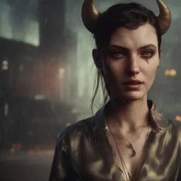 a moody medium-close-up shot of an attractive horned woman with golden irises on a cyberpunk city sidewalk, high-resolution