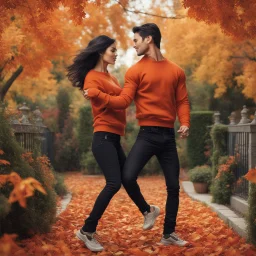 Hyper Realistic Photographic-View of a Handsome Muscular Man With Orange-sweatshirt-&-black-Jeans-&-short-black-hair dancing-romantically with a beautiful-young-woman-with-maroon-shirt-&-black-Jeans-&-long-black-hair in an autumn-garden-with-orange-leaves-whirling with-cloudy-moonlight at-night showing dramatic & cinematic ambiance.