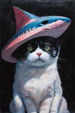 cat with shark mask hat solana abstract surrealism in the style of eileen aigar