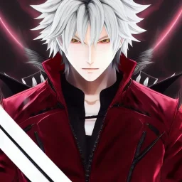 Detailed anime boy, crimson red hair, long parted hairstyle, devil may cry 5 dante hairstyle, wolf ears protruding out, white trench coat, intricate details, full body portrait, keep head in frame, slight smile, black Japanese motif, concept art, highly detailed, digital painting, concept art, sharp focus, illustration, art by Yoji Shinkawa, WLOP and greg rutkowski and alphonse mucha and artgerm and yanjun Chen and Junji ito and Makoto Shinkai, HDR, octane render, highly detailed