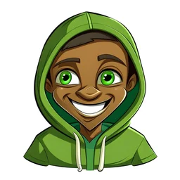 a brown skin coloured cartoon boy with big head smiling with green eyes and green black hoodie