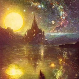 Amazing starry night above a Breathtaking cityscape by the lake, stunning reflection, full Moon, stars, milky way!!!" a breathtaking artwork by Brian Froud, Ferez, Arthur Rackham, Beeple, Epic scale, highly detailed, clear environment, triadic colors cinematic light 16k resolution, trending on artstation