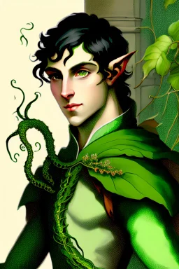 young half-Elf nobleman with green thumbs and 2 vine-like tentacles with black hair and green eyes and green thumbs with claws in the style of Beresford Egan