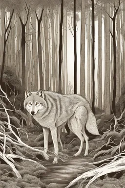 Wolf lurking through a forest. dynamic light, illustration