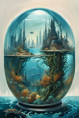 A painting of the ocean floor with (a futuristic city in a glass dome) with kelp, detailed, high quality, matte painting, bold lines, brushstrokes