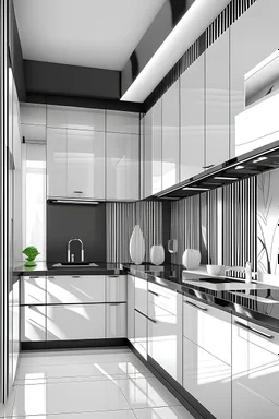kitchen cabinet design with white high glass and simple black lines on it