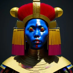 Inca woman, rounded face, blood, lines, black, red, blue, gold, samurai helmet, decorative color feathers, retro, bamboo, leather, soft color, highly detailed, art stations, concept art, smooth, unreal engine 5, god rays, ray tracing, RTX, lumen lighting, ultra detail, volumetric lighting, 3d, finely drawn, high definition, high resolution.