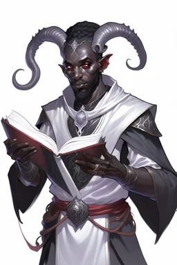 En male black skin tiefling fra dnd holding a book with Arcane Magic simple swirling around them in a silver and White Rope