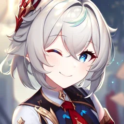 Clear focus, High resolution, short light grey green hair, blue eyes, wearing a genshin uniform, red tie, wearing a skirt, eyes closed, smiling, 1girl, spiky hair, not alot of hair on the side of her head, detailed outfit