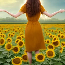 woman standing in sunflower field, back view, wind, long brown hair, yellow dress