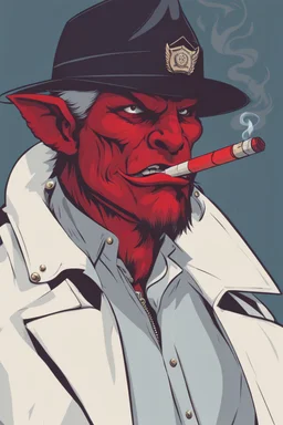 A red demon wearing a police outfit smoking a cigerate.