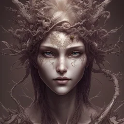  illustration by <Yoji Shinkawa>, intricate detail , high lighting, karlan, rusty metal, Dryad, fae, sidhe, ominous, nature, plants, wildflower, facepaint, dnd character portrait,singer Danish MØ face,