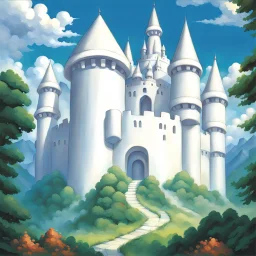 90's fantasy tcg art of a white giant robot castle shaped like a castle