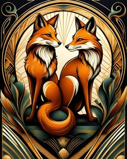 Drawing of two art deco foxes ultra quality