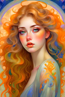 An ethereal portrait of a woman with flowing hair and piercing eyes, created with a mix of beauty and digital techniques, inspired by the works of Alphonse Mucha and Gustav Klimt