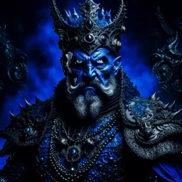 Upscale orkand almost leads to the extinction of devil musk king with chrown, in an accurate revenge scheme,Dramatic, dark and moody, inspired style, with intricate details and a sense of mystery Blue background