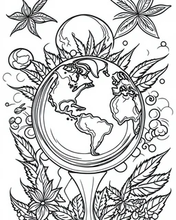 outline art for stoners coloring pages with A very simple and super minimal design featuring A trippy cosmic journey through space, with planets and stars morphing into cannabis leaves, white background, sketch style, fully body, only use outline, cartoon style, clean line art, white background, no shadows and clear and well outlined