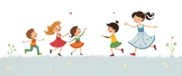 whimsical illustration of children playing and dancing. children's book style, on a white background