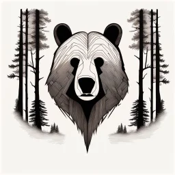 M shaped bear head combined with woods silhouette in backround, letterpress style, minimalistic pencil art