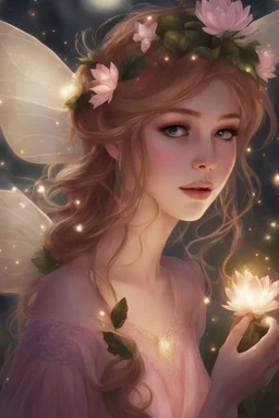 Blonde hair ,Pink dress,Sparkling fairy wings,Very long golden hair,Fairy crown,pointed ears,elven ears,fairy wings,water lilies,sparkling,glittering,flowers,blossoms,golden crown,light pink dress