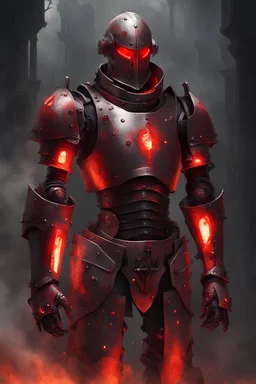 Automaton, warforged, medieval, full suit of armor, red glow from inside, fire inside chest, exhaling smoke, hole in chest exposing forge inside