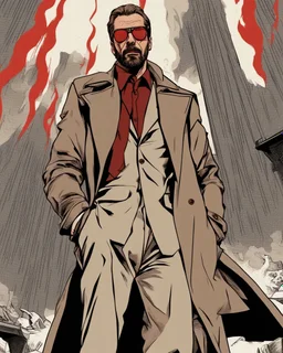 a young man with big muscles who looks like hans gruber wearing a trench coat and red sunglasses staring with an irritated look on his face standing in front of a fire