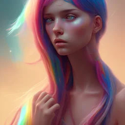 girl, cute, beautiful, long hair, rainbow hair, rainbows, close up portrait by Greg Rutkowski