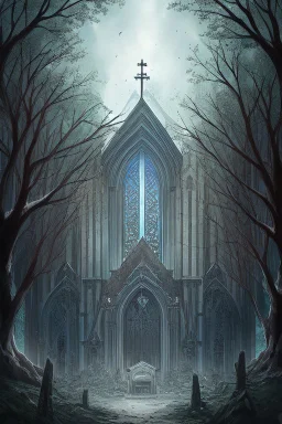 A super high-resolution 2 terapixel photograph of an abandoned church in January. The scene captures the intricate frost formations on the churg and the surrounding trees, with a gentle snowfall adding to the winter wonderland effect. The dim winter light creates a mystical ambiance around the bus formations. Captured with a Nikon Z7 II and a 24-70mm f/2.8 lens, focusing on the serene, frozen beauty of the park.