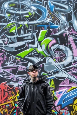 the coolest rapper ever with hoody and trendy clothes. graffiti wall in background are full of nft images and crypto currency symbols