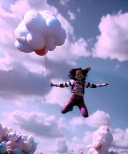 Ultra realistic speed clouds sky scene, wide angle view, sweet childs falling down, inflatable color clothing, free jumping flying, many trinkets, monster hair, hair monster, many jelly beans, balls, smile, happy, circus style, extreme, wind, clouds sea, 20,000 feet altitude, stratosphere, soft color, highly detailed, unreal engine 5, ray tracing, RTX, lumen lighting, ultra detail, volumetric lighting, 3d, finely drawn, high definition, high resolution.