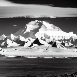 Ansel adams Majestic black & white Photo of denali in alaska, hyper realistic, zone system, even tones, rich gradients, dramatic lighting, 4k, volumetric, clouds, majestic