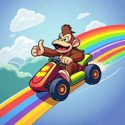 vector Cartoon Donkey Kong riding a rainbow in a kart