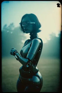 steampunk, vintage analog polaroid of a woman robot, female body, fog, lomography, heavy film grain, sun, color bleed, depth of field, bokeh, retro
