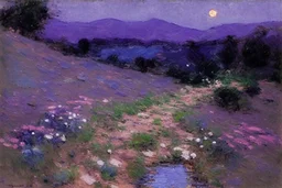 Night, purple flowers, pathway, mountains, rocks, little puddle, theodore robinson impressionism painting