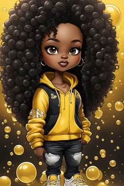 Create an expressionism illustration of a chibi cartoon black female thick curvy wearing a cut of yellow hoodie and black jeans and timberland boots. Prominent make up with long lashes and hazel eyes. Highly detailed shiny black curly afro hair. Background of a large bubbles all around her 2k