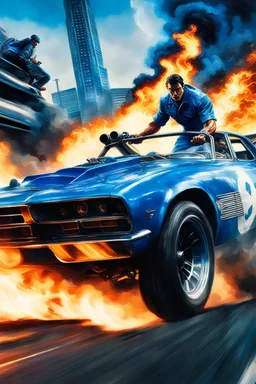 "Design a 90s-style action movie poster titled 'Shockwave Customs' with a blue theme and blue flames. Feature a super heroic mechanic in the foreground, fiercely battling thousands of adversaries with a spanner. In the background, show cars doing burnouts, creating a dynamic and intense scene. Capture the high-energy, gritty aesthetic of classic 90s action films. Prominently display the subtitle 'mmechanic negotiator' in bold, impactful lettering."