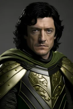 25 adulted man with light green eyes, jet black hair in knight's armor with a golden cloak Game of Thrones