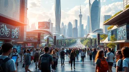 A futuristic scene depicting the bustling heart of a 2080 city center. The foreground features a diverse array of photorealistic individuals engaged with innovative, tech-enhanced elements - holographic displays, autonomous transportation, immersive public art. In the background, a panoramic vista of the larger city skyline - towering organic skyscrapers, elevated transit, verdant green spaces. Convey a sense of scale, depth and awe-inspiring technological wond