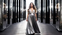 very beautiful model lady with makeup and beautiful modern fashion midi pleated velvet dark silver lace skirt with lace edges and modern loose lace top with a loose over, curvy silver long hair, standing in a modern city open satge with 8 cubic mirrors(each with 4 equal hight and equal width, vertical mirror), each vertical on its own short rotating base. with some small lights on crystal frames, on roof of a skyscraper with city escape at background, with animating dynamic lights with high