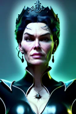 Lena Headay as evil queen in black leather, busty, cleavage, voluptuous, Aqua Lene, angry, stern look. character design by cory loftis, fenghua zhong, ryohei hase, ismail inceoglu and ruan jia. unreal engine 5, artistic lighting, highly detailed, photorealistic, fantasy