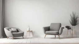 Scandinavian living room with gray armchair on empty white wall background. 3d rendering