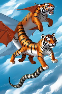 A flying tiger with wings is fighting with a dragon.