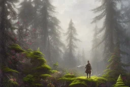 a brave and weary knight wandering alone in a larg pine forest fild with ferns and flowers and in the distans you can see a large mountain range, large landscape, dreary, dark fantasy, gothic,