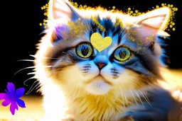 extreme cuteness, closeup, flowercut, shiny metallic pastel watercolor, black light art, golden glitter outlines, double exposure, merged layers, heart and love, A cute chibi mohair 3D happy cat mother watching her child take their first steps toward independence, pride and worry mixing in their eyes, S<AI in sunshine, ethereal, cinematic postprocessing, black background