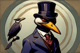 there is a bird wearing a hat and a coat with a tie, lofi steampunk bioshock portrait, anthro portrait, heron prestorn, dungeons and dragons style, inspired by Moebius, beautiful 3 d rendering, laughing groom, human-animal hybrid, jake parker