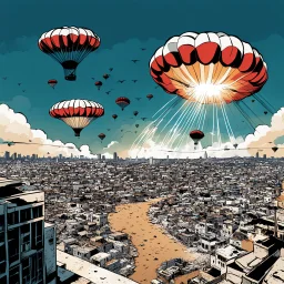 Ilustración estilo cómic de paracaídas sobre ciudad Gaza bombardeada