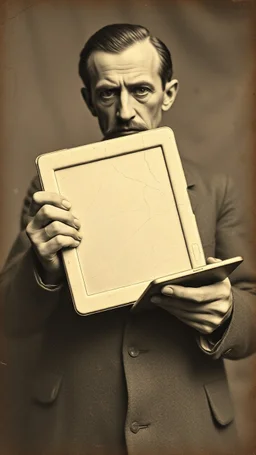 An old picture style of black and white mono very bad quality looks very old camera picture with cracks , Pablo Picasso, War and Peace, holding an iPad, Planck and brown old picture 1900