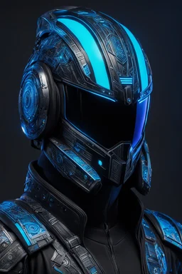 Someone wears a black glass Cyberpunk helmet , full helmet cover , Changshan costume, black and blue color, cyberpunk drawing style, neon, full body, intricate details, highly detailed, high details, detailed portrait, masterpiece,ultra detailed, ultra quality