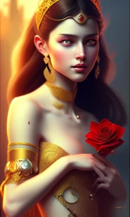 Arab princess Holding a beautiful red rose , cute, beautiful, long hair, wavy hair, black eyes, head and shoulders portrait, cinematic, 8k, resolution concept art portrait by Greg Rutkowski, Artgerm, WLOP, Alphonse Mucha dynamic lighting hyperdetailed intricately detailed